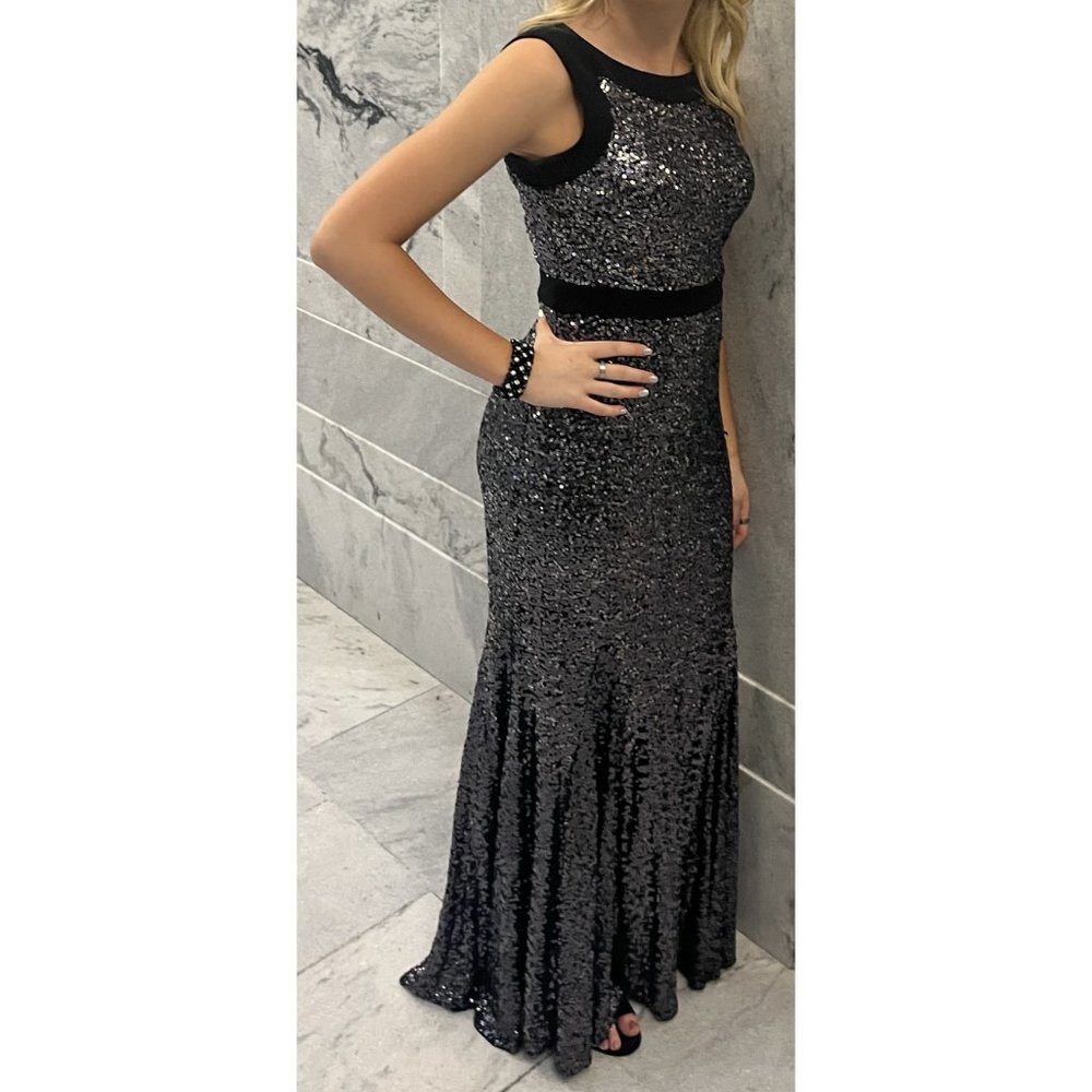 belle badgley mischka long black sequin dress